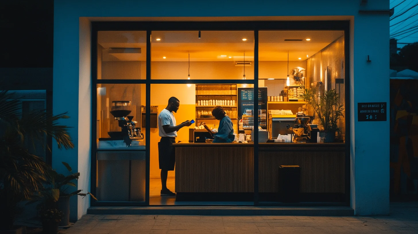 A Lagos restaurant at golden hour - the owner taking a payment at the counter.