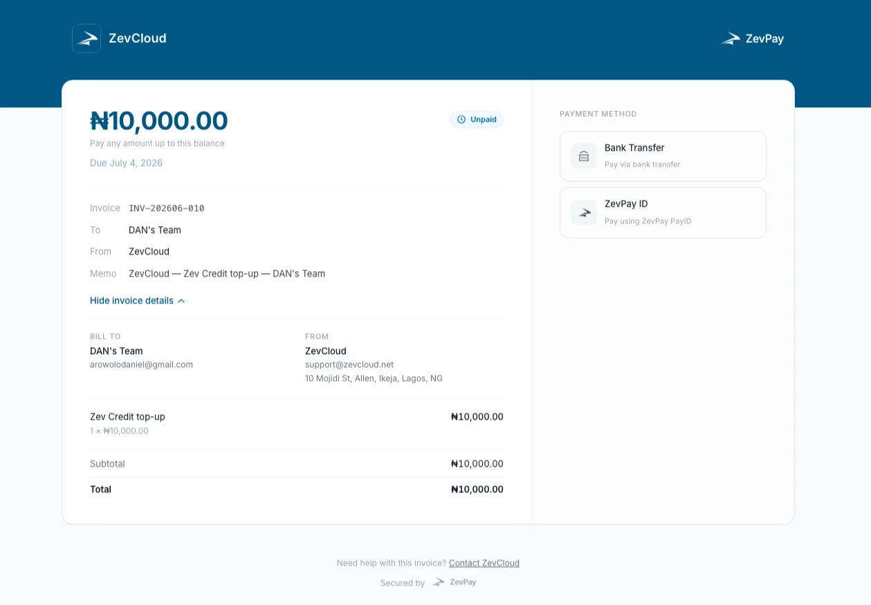 Invoice checkout - real screenshot
