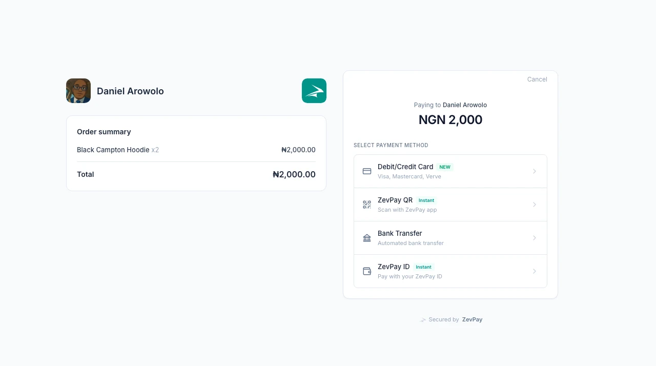 ZevPay Standard checkout - hosted page customers are redirected to